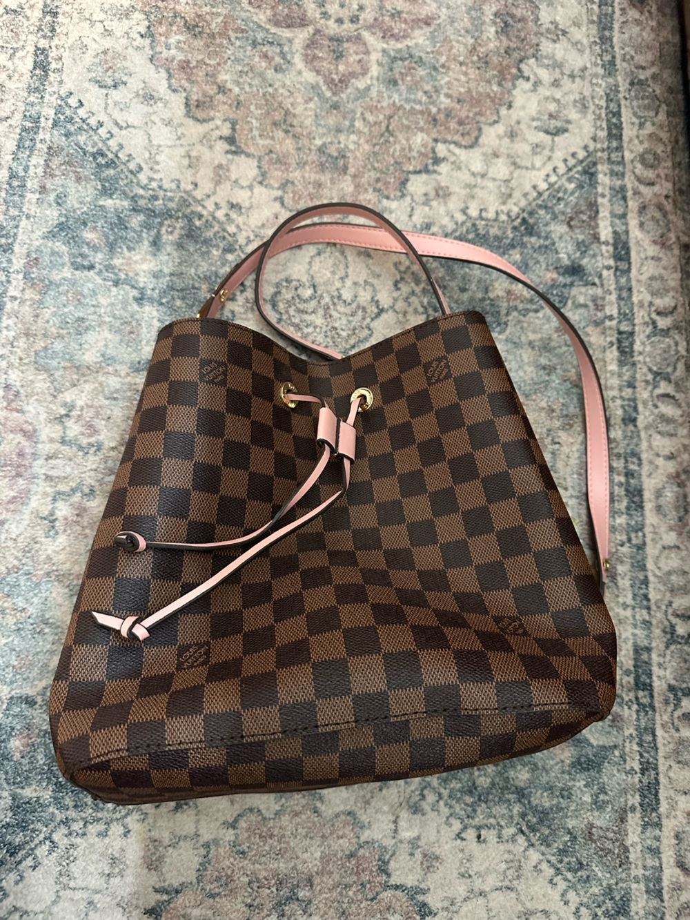 Brown Check Drawstring Shoulder Bag with Pink Trim
